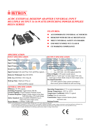 HES14-14 datasheet - AC/DC EXTERNAL DESKTOP ADAPTER UNIVERSAL INPUT MULTIPLE OUTPUT 14-16 WATTS SWITCHING POWER SUPPLIES