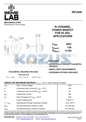 IRFJ240 datasheet - N - CHANNEL POWER MOSFET FOR HI-REL APPLICATIONS