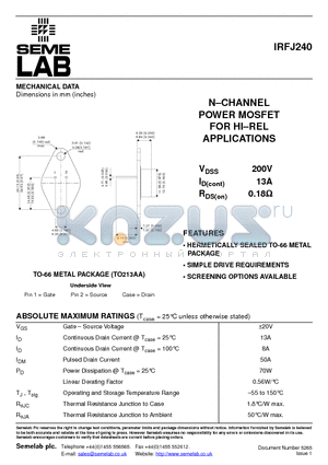 IRFJ240 datasheet - N-CHANNEL POWER MOSFET FOR HIREL APPLICATIONS