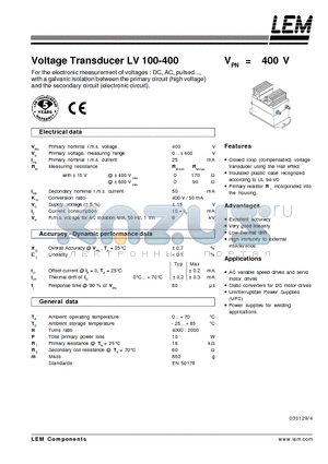 LV100-400 datasheet - Voltage Transducer