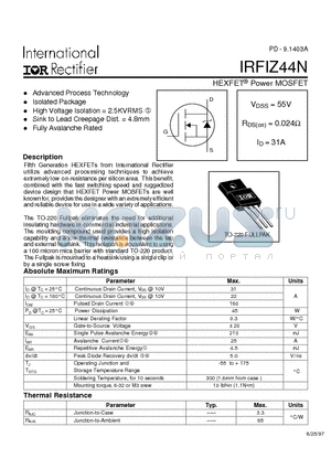 IRFIZ44N datasheet - Power MOSFET(Vdss=55V, Rds(on)=0.024ohm, Id=31A)