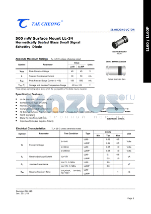 LL60 datasheet - 500 mW Surface Mount LL-34 Hermetically Sealed Glass Small Signal Schottky Diode