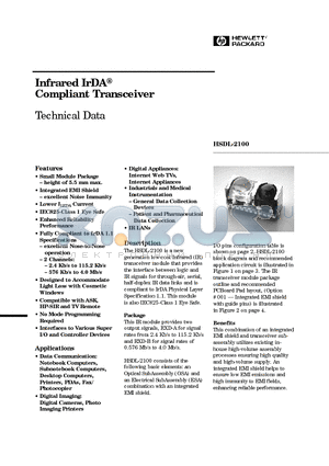 HSDL2100 datasheet - Infrared IrDA Compliant Transceiver