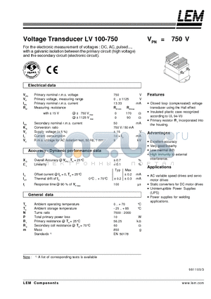 LV100-750 datasheet - Voltage Transducer LV 100-750