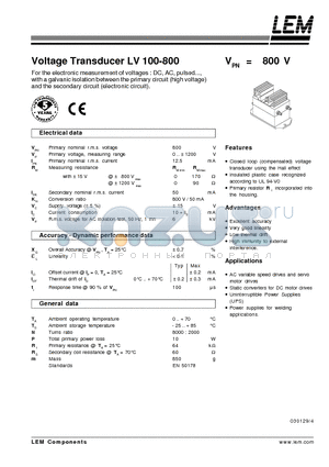 LV100-800 datasheet - Voltage Transducer