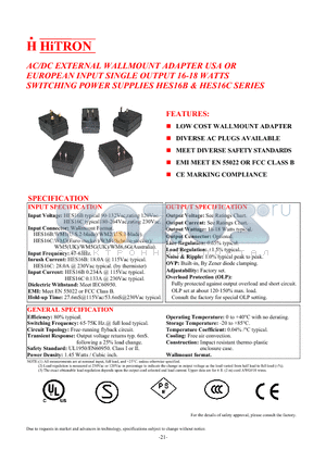 HES16B-120150 datasheet - AC/DC EXTERNAL WALLMOUNT ADAPTER USA OR EUROPEAN INPUT SINGLE OUTPUT 16-18 WATTS SWITCHING POWER SUPPLIES