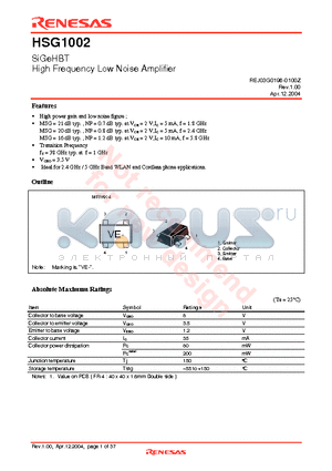 HSG1002VE datasheet - SiGeHBT High Frequency Low Noise Amplifier