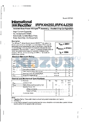IRFK4J250 datasheet - ISOLATED BASE POWER HEX PAK ASSEMBLY PARALLEL CHIP CONFIGURATION