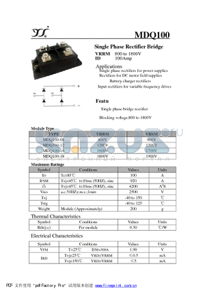 MDQ100-18 datasheet - Single Phase Rectifier Bridge