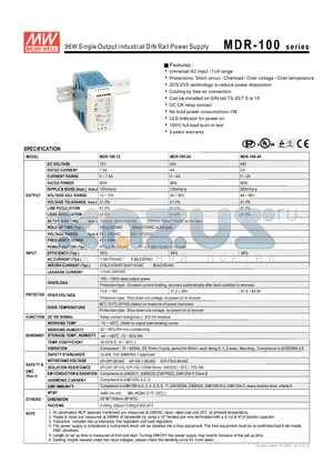 MDR-100 datasheet - 96W Single Output Industrial DIN Rail Power Supply