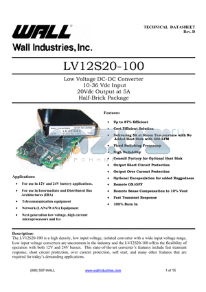 LV12S20-100 datasheet - Low Voltage DC-DC Converter 10-36 Vdc Input 20Vdc Output at 5A Half-Brick Package