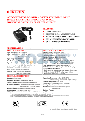 HES24-12020 datasheet - AC/DC EXTERNAL DESKTOP ADAPTER UNIVERSAL INPUT SINGLE & MULTIPLE OUTPUT 24-26 WATTS SWITCHING POWER SUPPLIES