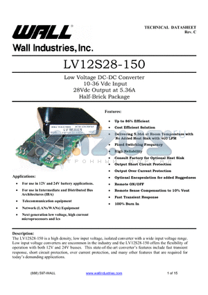LV12S28-150-S datasheet - Low Voltage DC-DC Converter 10-36 Vdc Input 28Vdc Output at 5.36A Half-Brick Package