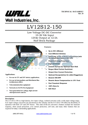 LV12S12-150 datasheet - Low Voltage DC-DC Converter 10-36 Vdc Input 12Vdc Output at 12.5A Half-Brick Package