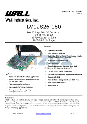 LV12S26-150-S datasheet - Low Voltage DC-DC Converter 10-36 Vdc Input 26Vdc Output at 5.8A Half-Brick Package