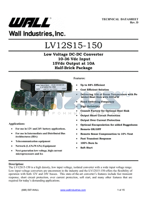 LV12S15-150 datasheet - Low Voltage DC-DC Converter 10-36 Vdc Input 15Vdc Output at 10A Half-Brick Package