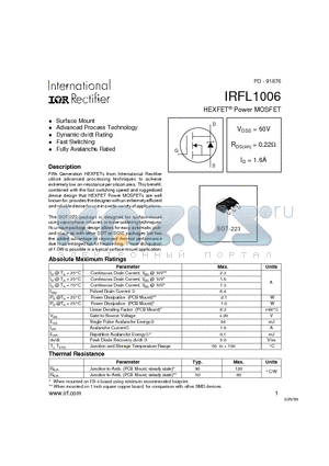 IRFL1006 datasheet - Power MOSFET(Vdss=60V, Rds(on)=0.22ohm, Id=1.6A)