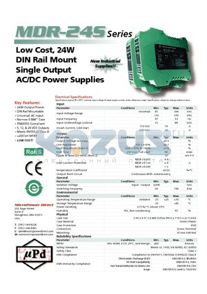 MDR-24S-24 datasheet - Low Cost, 24W DIN Rail Mount Single Output AC/DC Power Supplies