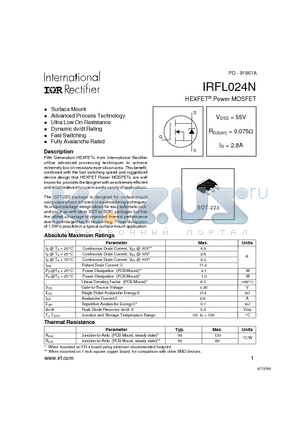 IRFL024 datasheet - Power MOSFET(Vdss=55V, Rds(on)=0.075ohm, Id=2.8A)