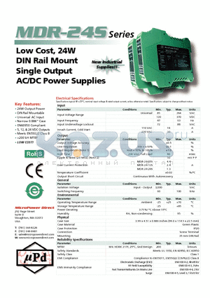 MDR-24S-12 datasheet - Low Cost, 24W DIN Rail Mount Single Output AC/DC Power Supplies
