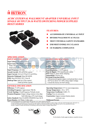 HES25-360100-6 datasheet - AC/DC EXTERNAL WALLMOUNT ADAPTER UNIVERSAL INPUT SINGLE OUTPUT 20-36 WATTS SWITCHING POWER SUPPLIES