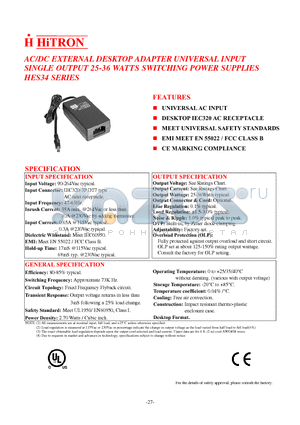 HES34-090400 datasheet - AC/DC EXTERNAL DESKTOP ADAPTER UNIVERSAL INPUT SINGLE OUTPUT 25-36 WATTS SWITCHING POWER SUPPLIES