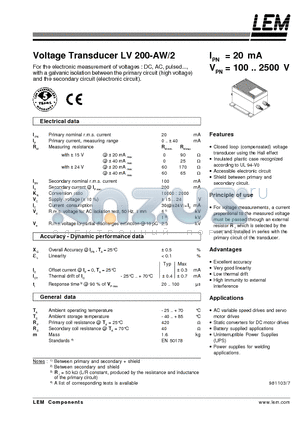 LV200-AW datasheet - Voltage Transducer LV 200-AW/2