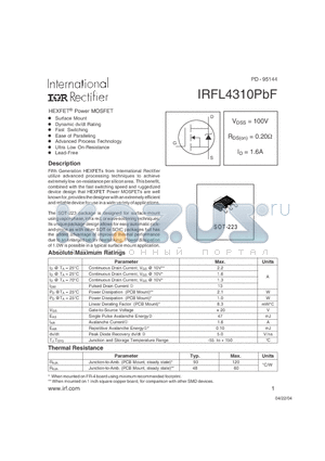 IRFL4310PBF datasheet - HEXFET^ Power MOSFET ( VDSS = 100V , RDS(on) = 0.20Y , ID = 1.6A )