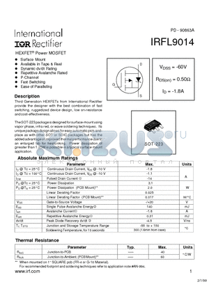 IRFL9014 datasheet - Power MOSFET(Vdss=-60V, Rds(on)=0.50ohm, Id=-1.8A)