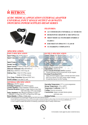 HES49-15033 datasheet - AC/DC MEDICAL APPLICATION EXTERNAL ADAPTER UNIVERSAL INPUT SINGLE OUTPUT 45-50 WATTS SWITCHING POWER SUPPLIES