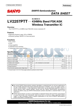 LV2257PTT datasheet - Bi-CMOS IC 434MHz Band FSK/ASK Wireless Transmitter IC