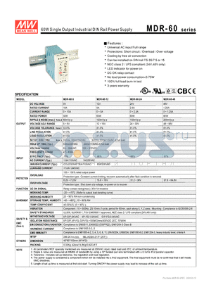 MDR-60-12 datasheet - 60W Single Output Industrial DIN Rail Power Supply