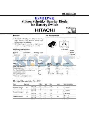 HSM113WK datasheet - Silicon Schottky Barrier Diode for Battery Switch