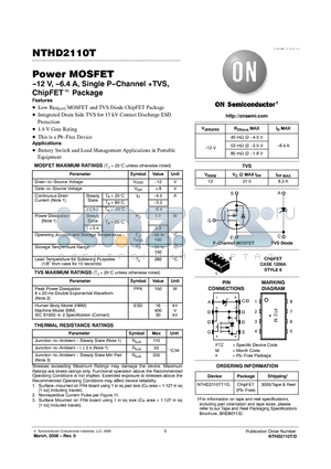 NTHD2110TT1G datasheet - Power MOSFET -12 V, -6.4 A, Single P-Channel TVS, ChipFET Package