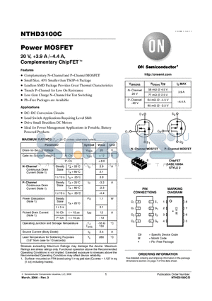 NTHD3100C datasheet - Power MOSFET 20 V, 3.9 A /−4.4 A, Complementary ChipFET