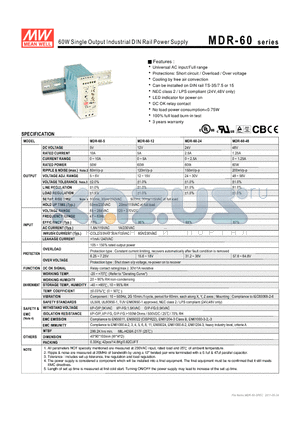 MDR-60-5 datasheet - 60W Single Output Industrial DIN Rail Power Supply