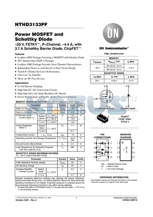 NTHD3133PFT1G datasheet - Power MOSFET and Schottky Diode -20 V, FETKY, P-Channel, -4.4 A, with 3.7 A Schottky Barrier Diode, ChipFET