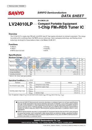 LV24010LP datasheet - Bi-CMOS LSI Compact Portable Equipment 1-Chip FMRDS Tuner IC