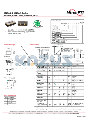 M4001 datasheet - 9x14 mm, 5.0 or 3.3 Volt, Sinewave, VCSO