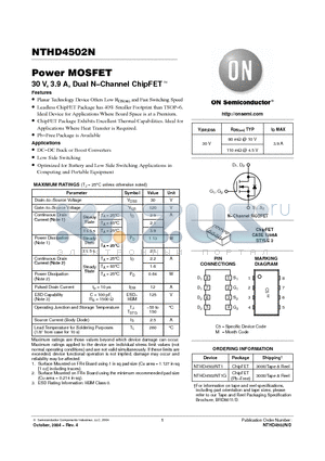 NTHD4502NT1 datasheet - Power MOSFET 30 V, 3.9 A, Dual N−Channel ChipFET