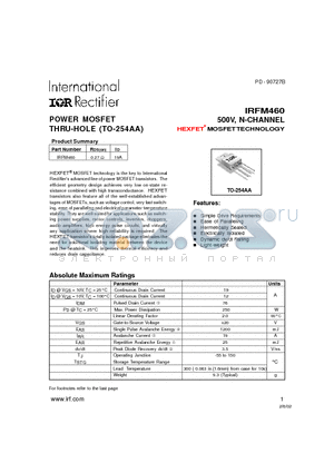 IRFM460 datasheet - POWER MOSFET THRU-HOLE (TO-254AA)