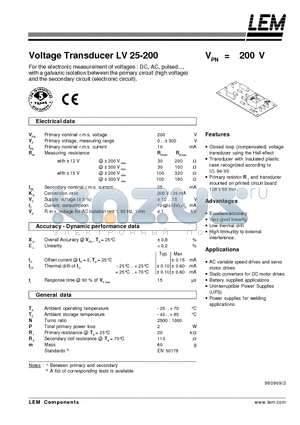 LV25-200 datasheet - Voltage Transducer LV 25-200