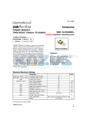IRFMA450 datasheet - POWER MOSFET THRU-HOLE (Tabless TO-254AA)