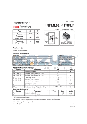 IRFML8244TRPBF datasheet - HEXFETPower MOSFET