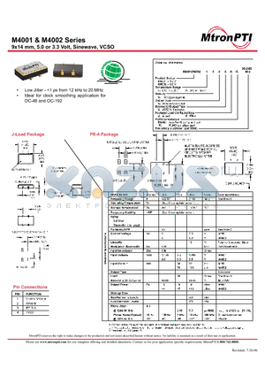 M4002 datasheet - 9x14 mm, 5.0 or 3.3 Volt, Sinewave, VCSO