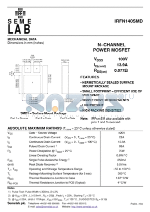 IRFN140SMD datasheet - N-CHANNEL POWER MOSFET