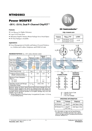 NTHD5903T1 datasheet - Power MOSFET -20 V, -3.0 A, Dual P-Channel ChipFET
