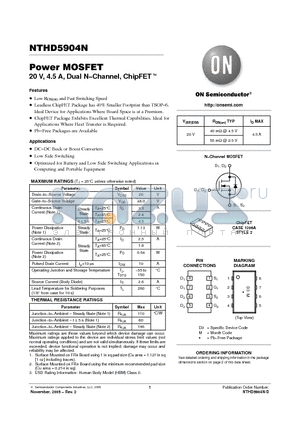 NTHD5904NT1 datasheet - Power MOSFET 20 V, 4.5 A, Dual N−Channel, ChipFET
