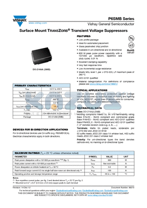 P6SMB56A-E352 datasheet - Surface Mount TRANSZORB^ Transient Voltage Suppressors