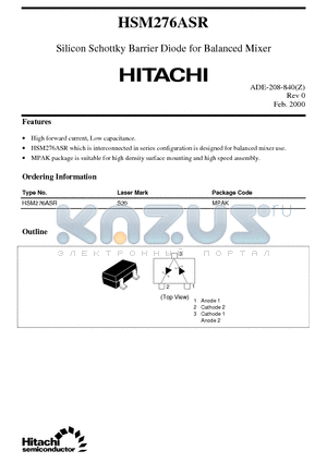 HSM276ASR datasheet - Silicon Schottky Barrier Diode for Balanced Mixer